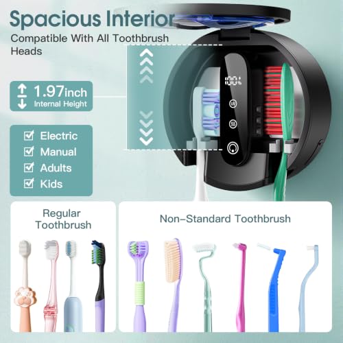 Upgraded Toothbrush Holders for Bathroom, Tooth Brush Holders Wall Mounted,Toothbrush Holder Organizer with LED Smart Screen,Cleaning and Drying Fits All Toothbrushes for Home & Travel - color: Black