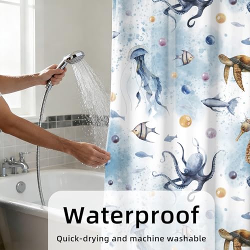 Yeele Ocean Creatures Watercolor Shower Curtain, Turtle Octopus Blue Print Shower Curtain, Waterproof Machine Washable Fabric Bath Curtain 60x72 Inch with Grommets and Hooks - color: Blue 1, size: 60"Wx72"L