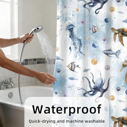 Yeele Ocean Creatures Watercolor Shower Curtain, Turtle Octopus Blue Print Shower Curtain, Waterproof Machine Washable Fabric Bath Curtain 60x72 Inch with Grommets and Hooks - color: Blue 1, size: 60"Wx72"L