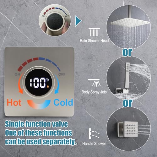 Temperature Display Shower Valve with Wall Mounted Waterfall Tub Faucet Kit Waterfall Tub Spout One Way Shower Deliver Valve - color: Brushed Nickel, style: Adjustable bathtub faucet