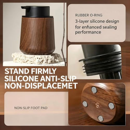 Walnut Wood Grain Foaming Soap Dispenser, Refillable Foam Bottle | Foaming Hand Soap Pump Dispenser for Bathroom, Kitchen, Modern Farmhouse Decorative Liquid Soap Dispenser, 9 oz