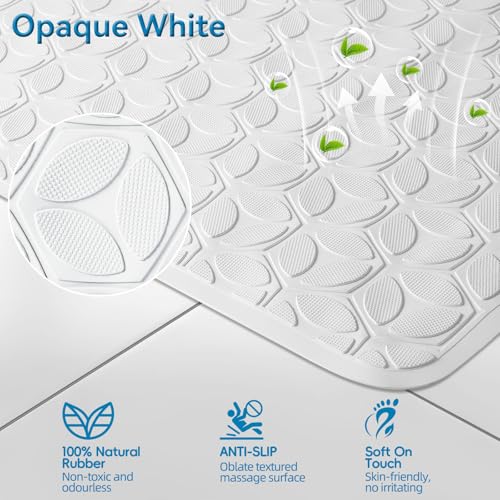 Non-Slip Rubber Bathtub Mat with Suction Cups, 16 × 28 Inch (White) | 100% Rubber, Leaf Texture. Vacuum Suction Cups. Soft on Touch. BPA/PVC-Free. Machine Wash. Safe For Bath, Shower, Pet Dogs. - color: White (Opaque), size: 28" x 16" (Rectangular)