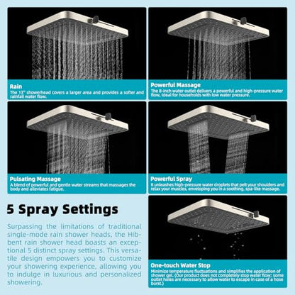 Hibbent Rain Shower Head, 13'' High Pressure Rainfall 5 Spray Mode Showerhead with 16" Shower Head Extension Arm, Brass Adjustable Shower Arm Extender, Waterfall fixed Showerheads, Brushed Nickel - color: Brushed Nickel, style: Square 13'' with Arm