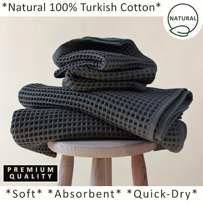 PÜSKÜL Natural 100% Turkish Cotton Waffle Towels Set of 4-Piece, Anthracite | 2-Bath sheet (Extra-large 32x63") and 2-Hand towel (Large 32x16"). Premium honeycomb-waffle weave, oeko-tex made in Turkiye. - color: Anthracithe
