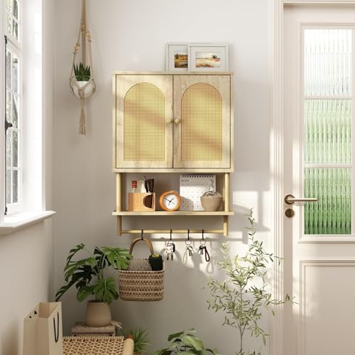 RUSTOWN Rattan Bathroom Wall Cabinet, Modern Boho Medicine Cabinets, Medium | 2 Arched Rattan Doors, Adjustable Shelf, Towel Bar Rack, Over The Toilet Storage Cabinet for Bathroom, Living Room, Kitchen - size: Medium