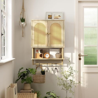 RUSTOWN Rattan Bathroom Wall Cabinet, Modern Boho Medicine Cabinets, Medium | 2 Arched Rattan Doors, Adjustable Shelf, Towel Bar Rack, Over The Toilet Storage Cabinet for Bathroom, Living Room, Kitchen - size: Medium