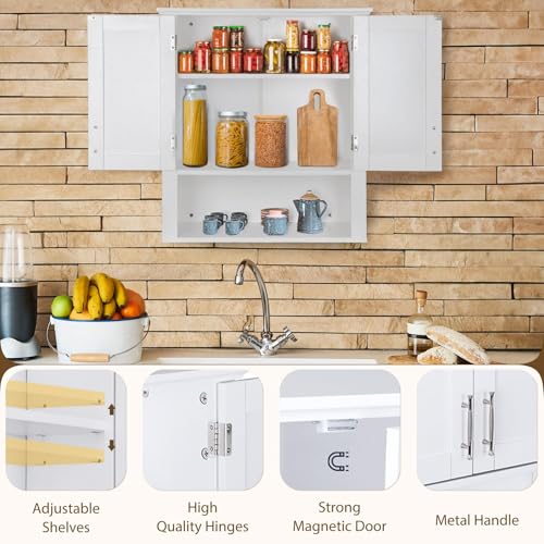 JupiterForce Bathroom Wall Cabinet Over The Toilet with 2 Doors and 3 Adjustable Shelves, Wall Mounted Bathroom Storage Medicine Cabinet for Bathroom, Living Room, Kitchen, White