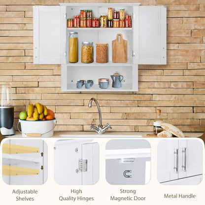 JupiterForce Bathroom Wall Cabinet Over The Toilet with 2 Doors and 3 Adjustable Shelves, Wall Mounted Bathroom Storage Medicine Cabinet for Bathroom, Living Room, Kitchen, White