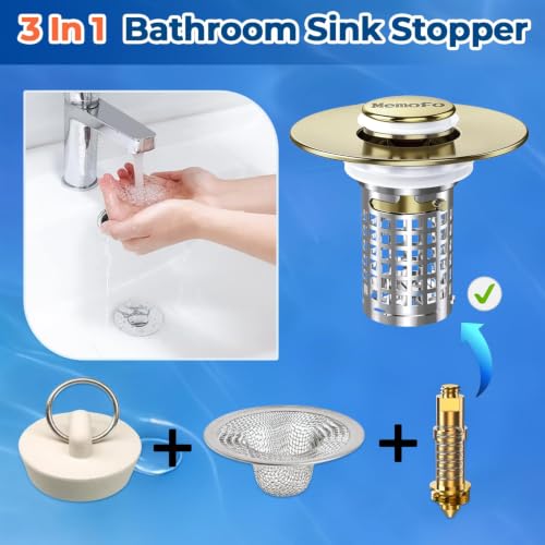 Bathroom Sink Drain Strainer(2PCS), Stainless Steel Pop-up Strainer Basket Hair Catcher with Removable Basket, Brass Bullet Core, Universal Fit 1.1-2.36 Inch Brushed Gold