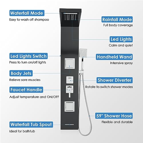 ROVOGO Shower Panel Tower System with Led Lights - Battery Powered, 46.5" | Rainfall Waterfall Shower Head, 2 Body Jets, Handheld and Tub Spout, Stainless Steel Shower Column with Brass Valves, Black - color: Black-2 jets