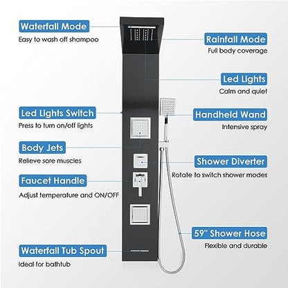 ROVOGO Shower Panel Tower System with Led Lights - Battery Powered, 46.5" | Rainfall Waterfall Shower Head, 2 Body Jets, Handheld and Tub Spout, Stainless Steel Shower Column with Brass Valves, Black - color: Black-2 jets