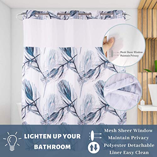 Long 71x79 Fabric No Hooks Shower Curtain with Polyester Snap-in Liner –100% Waterproof Machine Washable Top See Through Mesh Window Blue - color: Feather, size: 71"W x 79"L (Pack of 1)