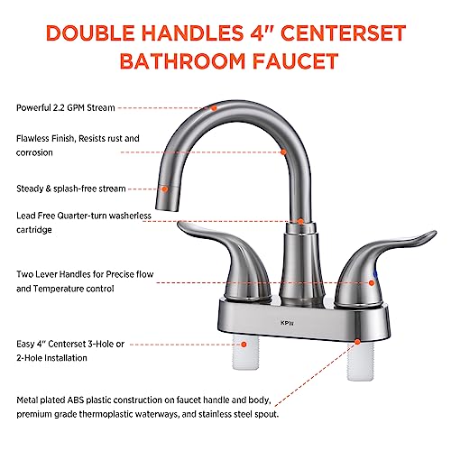 Bathroom Sink Faucet 2 or 3 Hole Brushed Nickel Centerset 4 Inch | Bathroom Sink Faucet 2 Handle Over ABS Non-Metallic Lavatory Bathroom Faucet with Pop up Drain Water Supply Hoses