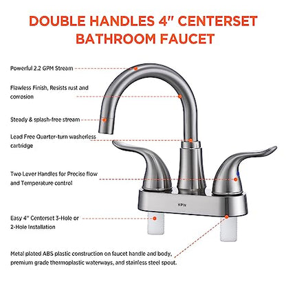 Bathroom Sink Faucet 2 or 3 Hole Brushed Nickel Centerset 4 Inch | Bathroom Sink Faucet 2 Handle Over ABS Non-Metallic Lavatory Bathroom Faucet with Pop up Drain Water Supply Hoses