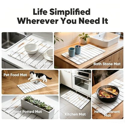 Stone Drying Mat for Kitchen Counter, Quick Diatomaceous Earth Mats for Dishes, 24"L x 16" W Super Absorbent Fast-Drying Collapsible Countertop Stone Mat (Marble White-05, 24" x 16") - color: Marble White-05