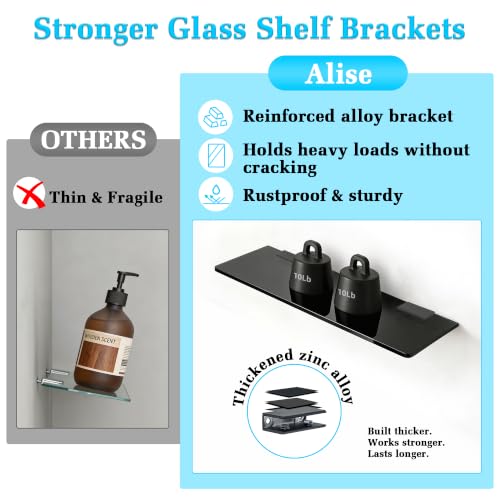 Alise Glass Shelves for Bathroom,15 Inch Wall Mounted Floating Shelf,Black | Tempered Glass Shelf,Metal Brackets,Rectangular,Floating Glass Shelves,Over Toilet,Vanity,Bedroom,Kitchen,1 Pack - color: Black