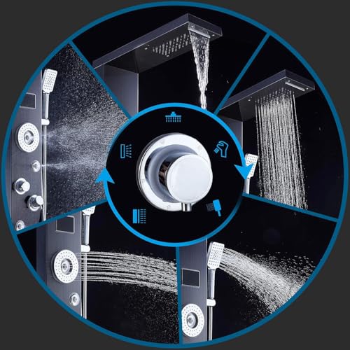 ELLO&ALLO LED Rainfall Waterfall Shower Head Rain Massage System with Body Jets Stainless Steel Bathroom Shower Panel Tower System, Brushed Black