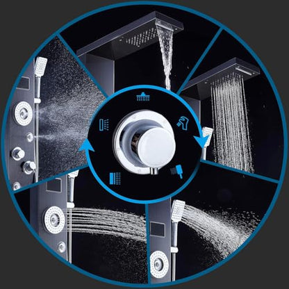 ELLO&ALLO LED Rainfall Waterfall Shower Head Rain Massage System with Body Jets Stainless Steel Bathroom Shower Panel Tower System, Brushed Black