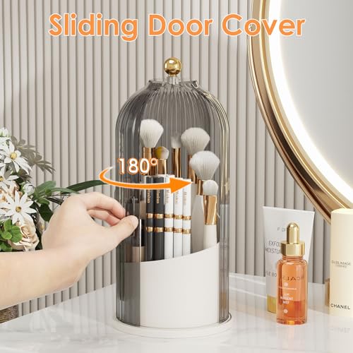 YOOLENS Makeup Brush Holder with Lid 360 Rotating Clear Dustproof Make Up Organizers for Vanity Bathroom Countertop, Gray - color: Gray