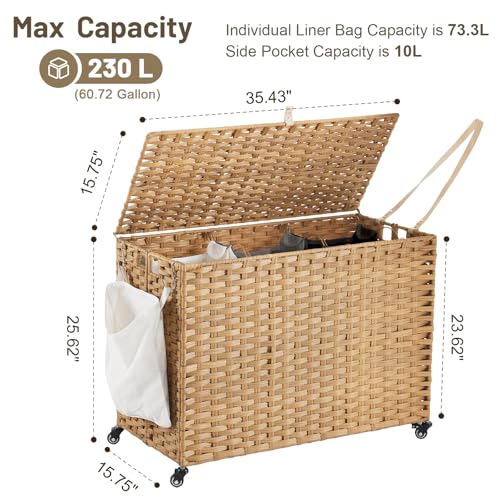 Laundry Hamper with Wheels, 60.72 Gallon(230L) Rolling Laundry Basket with Lid, Removable Large 3 Color Liners & 3 Mesh Laundry Bags, Clothes Hamper with Side Pocket, Natural - color: Natural, size: 35.43"L x 15.75"W x 25.6"H