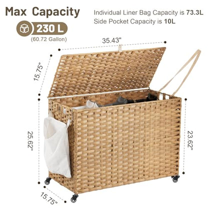 Laundry Hamper with Wheels, 60.72 Gallon(230L) Rolling Laundry Basket with Lid, Removable Large 3 Color Liners & 3 Mesh Laundry Bags, Clothes Hamper with Side Pocket, Natural - color: Natural, size: 35.43"L x 15.75"W x 25.6"H