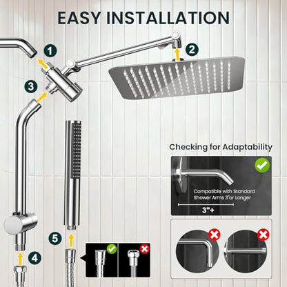 Veken 10" Luxurious Rain Shower Head with Handheld, High Pressure Rainfall Shower Heads wih Extension Arm, Wide Dual Showerhead with Spray Combo, Bathroom Accessories, Chrome, Silver - color: Chrome