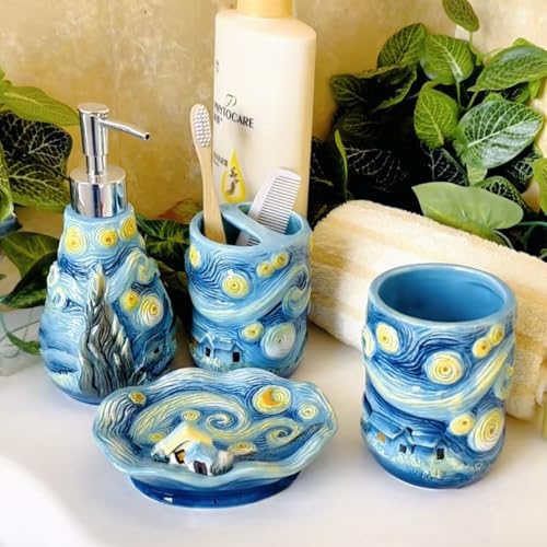 4 Piece Van Gogh Starry Night Ceramic Bathroom Accessory Set, Blue Art Decor with Soap Dispenser, Toothbrush Holder, Tumbler, Soap Dish