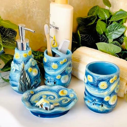 4 Piece Van Gogh Starry Night Ceramic Bathroom Accessory Set, Blue Art Decor with Soap Dispenser, Toothbrush Holder, Tumbler, Soap Dish