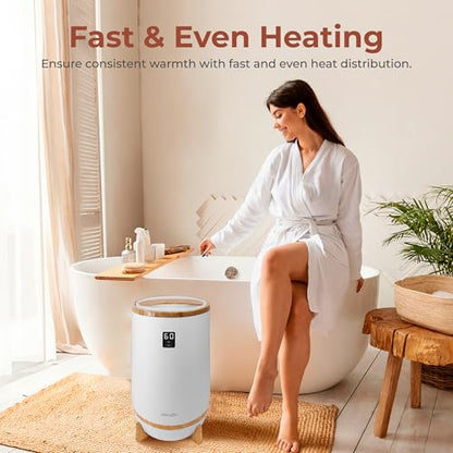 SereneLife Towel and Blanket Warmer - Single Touch Portable Towel Heater for Bathroom, Fragrant Disc Holder, LED Ring, 2 Large Towel Capacity, Built-in Timer (15-60 mins), Auto Shut-Off (White) - color: Bamboo