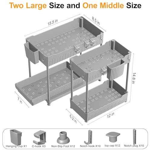 3 Pack Under Sink Organizers, 2-Tier Multi-Use Kitchen and Bathroom Organizers and Storage with Sliding Drawers, Bathroom Cabinet Organizer (Gray, 14.8 Inch) | Multi-use kitchen & bathroom storage, 14.8 inch gray cabinet organizer, space-saving sliding dr