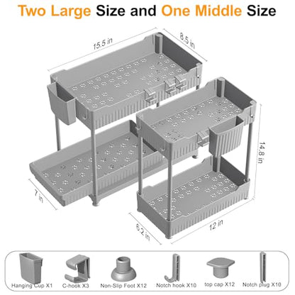 3 Pack Under Sink Organizers, 2-Tier Multi-Use Kitchen and Bathroom Organizers and Storage with Sliding Drawers, Bathroom Cabinet Organizer (Gray, 14.8 Inch) | Multi-use kitchen & bathroom storage, 14.8 inch gray cabinet organizer, space-saving sliding dr