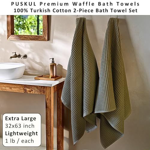 PÜSKÜL Natural 100% Turkish Cotton Waffle Bath Towels Set of 2, Extra-Large | Khaki Green, Oversize 32x63" Bath sheet towel for bathroom & beach. Honeycomb-Waffle weave, Premium oeko-tex made in Turkey. - color: Khaki Green, size: Bath Towels - Pack of 2