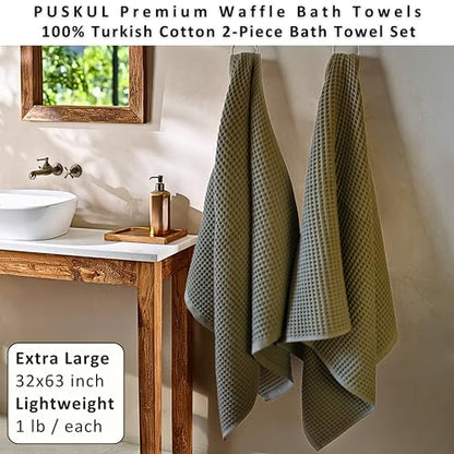 PÜSKÜL Natural 100% Turkish Cotton Waffle Bath Towels Set of 2, Extra-Large | Khaki Green, Oversize 32x63" Bath sheet towel for bathroom & beach. Honeycomb-Waffle weave, Premium oeko-tex made in Turkey. - color: Khaki Green, size: Bath Towels - Pack of 2