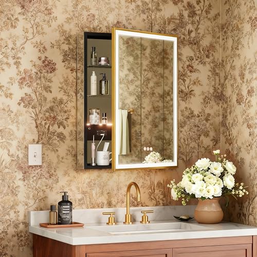 24x32 Right-Hinged Gold Framed Medicine Cabinet with Lights, 3-Color/Dimmable, Anti-Fog, Plug-in & Hardwired, Surface Mount & Recessed, Centered Outlets & USB Ports, Magnetic Area - color: Gold, size: 24x32(R)