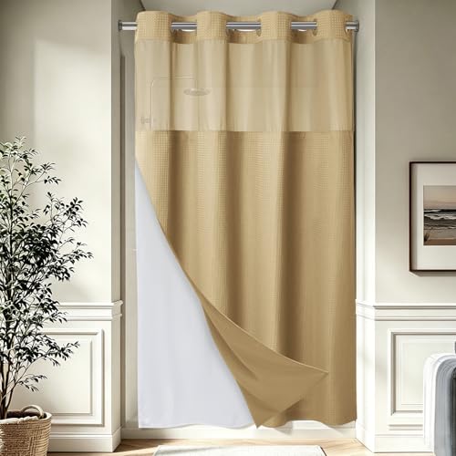 EUTXL Heavyweight No Hook Shower Curtain with Liner, Beige, 54x80 | Snap in Liner, Thick Waffle Fabric, Hotel Quality, Corner Magnets, Waterproof & Washable - color: Beige, size: 54"W x 80"L (Pack of 1)