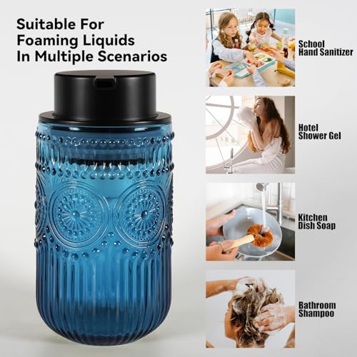 Glass Foaming Soap Dispenser - Foam Hand Soap Dispenser for Bathroom, 12 Oz Face Wash Dispenser Bottle with Foam Pump, Refillable Dish Dispenser for Kitchen (Blue) - color: Blue