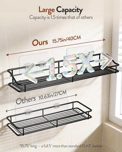 Orimade Adhesive Bathroom Shelf Organizer Shower Caddy Storage Basket Kitchen Spice Rack No Drilling SUS304 Stainless Steel Rustproof, 15.75 inch, Black - color: Black