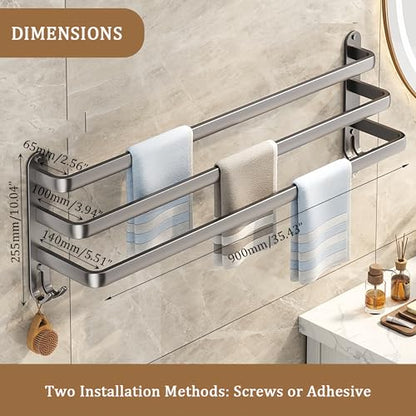 SEIDO 36 Inch 3-Tier Towel Rack for Bathroom, Heavy Duty Square Ladder Towel Bar Wall Mounted, Rustproof 304 Stainless Steel Brushed Grey Towel Holder with Hooks, Adhesive & Screw Mounting Options - color: Grey, size: 36 Inch