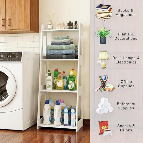 4-Tier Bathroom Ladder Shelf Freestanding, 15.7" W x 38.6" H, PVC | White Floor Shelves, Small Bookshelf, Nightstand, for Home Study, Laundry Room, Open Display Rack, 11.8" Deep - size: 11.8"D x 15.7"W x 38.6"H