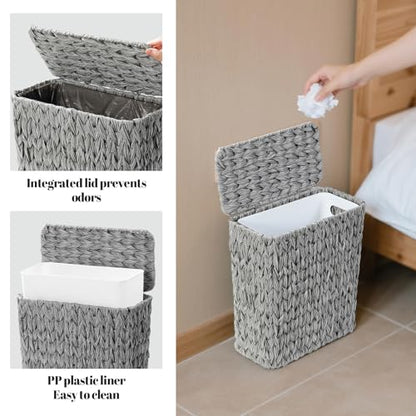 Coeusy 3 Gallon Wicker Trash Can,Grey Bathroom Trash Cans with Lid,Waterproof Slim Waste Basket for Bedroom,Home Office,Narrow Garbage Can with Removable Liner - color: grey