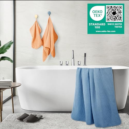 POLYTE 430 GSM Poly Blend Microfiber Quick Dry Waffle Bath Towel Set of 6 | 2-Body Towels, 2-Hand Towels, 2-Wash cloths, Oversize, Lint Free - color: Blue,orange