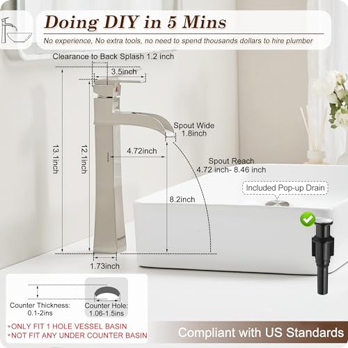 Brushed Nickel Bathroom Vessel Sink Faucet, 12 Inch Brass Waterfall Tall Bathroom Faucet 1 Hole with Drain, Single Handle for Countertop Vanity Modern Retro Farmhouse Bowl Sink, 5 Mins Install - color: Brushed Nickel - Modern