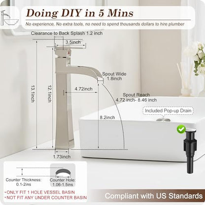Brushed Nickel Bathroom Vessel Sink Faucet, 12 Inch Brass Waterfall Tall Bathroom Faucet 1 Hole with Drain, Single Handle for Countertop Vanity Modern Retro Farmhouse Bowl Sink, 5 Mins Install - color: Brushed Nickel - Modern