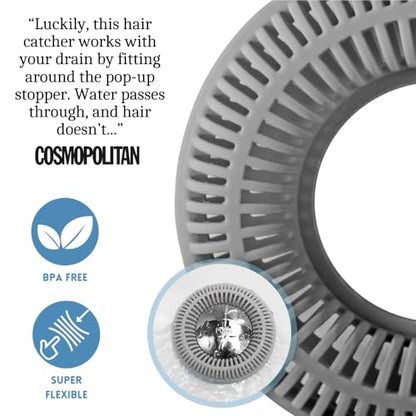 TubRing Pop-Up Drain Protector & Strainer Silicone Hair Catcher, Gray | Easy snap-in design fits around bathtub stoppers. Customizable utility guard for clog prevention. Fits 1.85"- 2.16" drains. - color: Gray