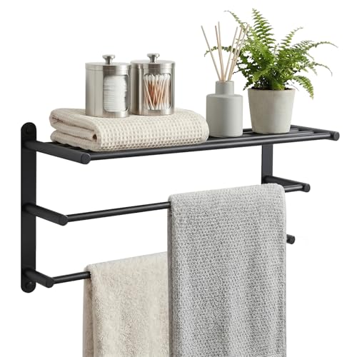 24 Inch Towel Racks for Bathroom: Matte Black Bathroom Towel Rack with Double Towel Bar Wall Mounted - SUS304 Stainless Steel Bath Towel Bar with Shelf for Hotel Lavatory - color: Matte Black