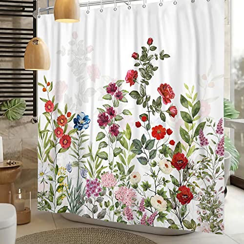 Wildflower Floral Shower Curtain for Bathroom Retro Watercolor Botanical Leaves Flower Shower Curtains Rustic Nature Plant Art Printed Fabric Bathtub Decor with Hooks 48x72 inch - color: Red Green, size: 48"W x 72"L (Pack of 1)