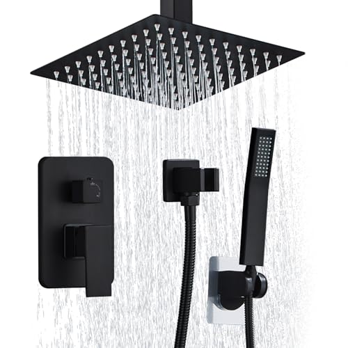 10 Inch Shower Faucet Set Ceiling Mount, High Pressure Rainfall Shower System, Square Rain Shower Spray Combo Luxury Shower Fixtures Matte Black - color: Matte Black, style: 10 Inch