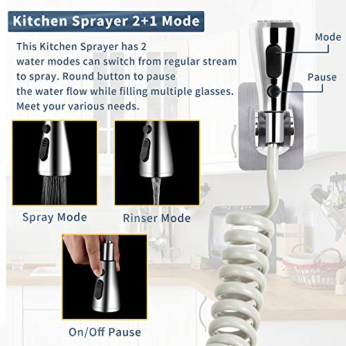 CECEFIN Kitchen Sink Sprayer Hose Attachment for Faucet, 79" Recoil Hose | Kitchen Faucet Head Replacement, Pressurized Water Saving Aerator &Diverter Valve, Bathroom/Utility Faucet Sprayer Attachment - color: F- Grey- ON/OFF Pause Sprayer
