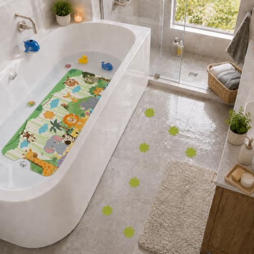 Cinrobiye Bath Mat for Tub Non Slip, 40 x 16 Inch Woodland Animal Cartoon Bathtub Shower Mat with Suction Cups and Drain Holes, Waterproof Machine Washable Bathroom Mat - color: Green