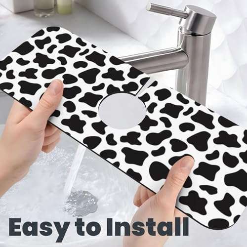 Cow Dalmatian Skin Print Black And White Kitchen Sink Splash Guard Faucet Mat Super Absorbent Fast Drying Mat Sink Gadgets-Fast Drying Pad Sink Mat For Kitchen Bathroom (15" X 5.5" ) - color: Cow Black And White